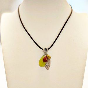 Chico's Leather Cord Necklace with Leaf and Stone Charms